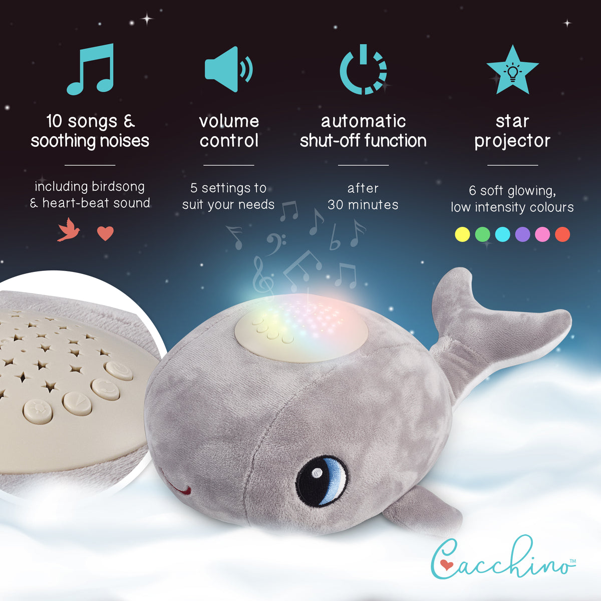 Baby Soother Sleep Aid & Night Light Sound Machine CacchinoUK