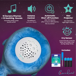 Cacchino's Baby Frankie Blue Soother Sleep Aid & Night Light Sound Machine with a Smart Cry Sensor and White noise