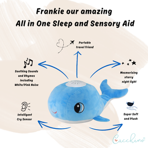 Cacchino's Baby Frankie Blue Soother Sleep Aid & Night Light Sound Machine with a Smart Cry Sensor and White noise