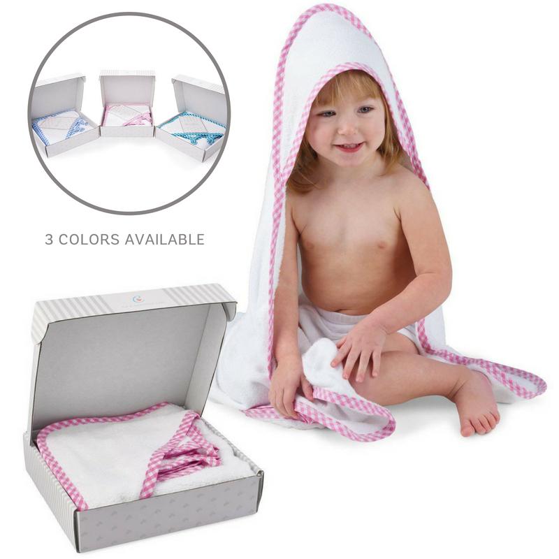 Large Hooded Towel with Gingham Trim and Washcloth - Gift Set for Kids